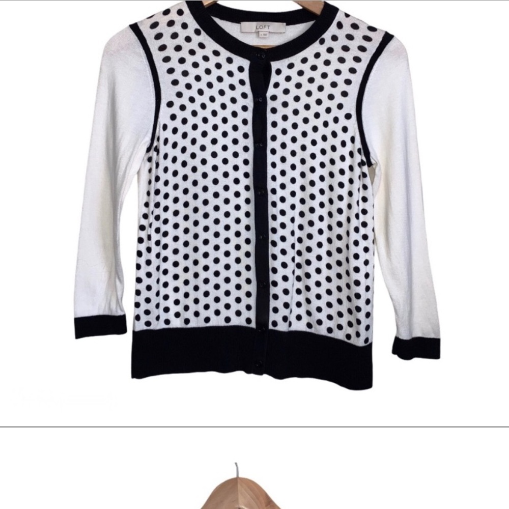 Ann Taylor Loft White & Black Polka Dot Cardigan